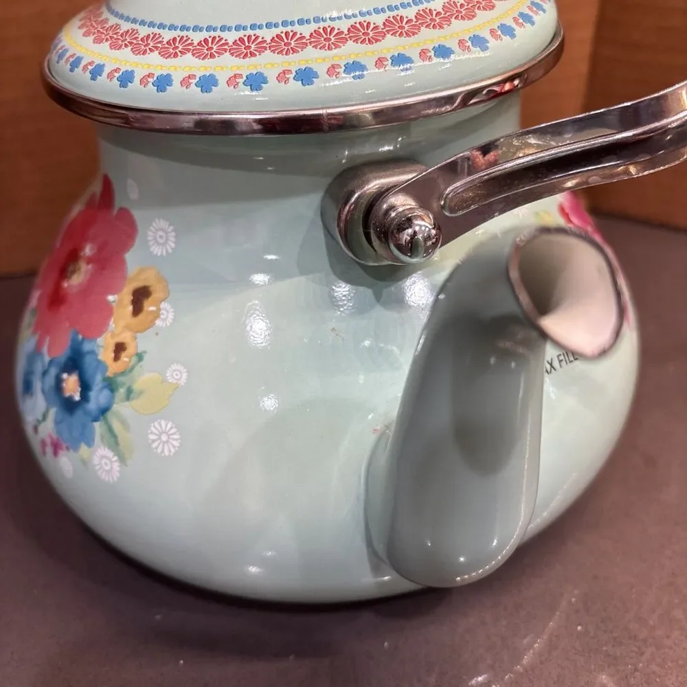 Teapot Pioneer Woman Breezy Blossom Enamel Steel 1.9 Qt Stovetop Tea Kettle - Picture 9 of 16